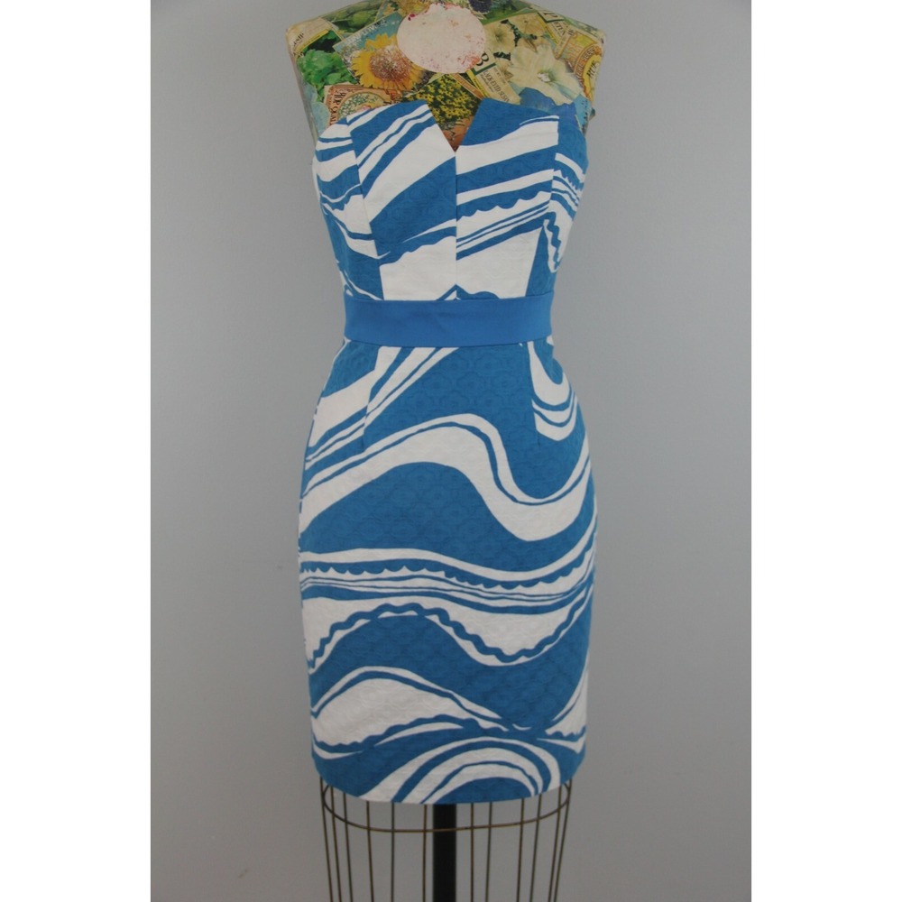 TRINA TURK Strapless Dress Sz 0 Turquoise Blue White Wave Print Texture #1299